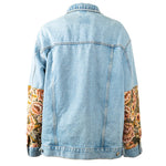 Veste en Jean Bleu Clair Délavé Mi manche en Tissu Floral Upcycling