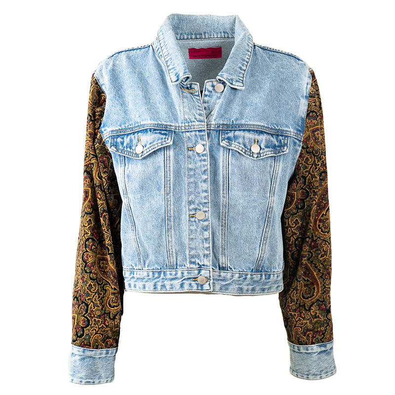 Veste en Jean Délavé avec Manches et Dos Tissus motif Jacquard Upcycling