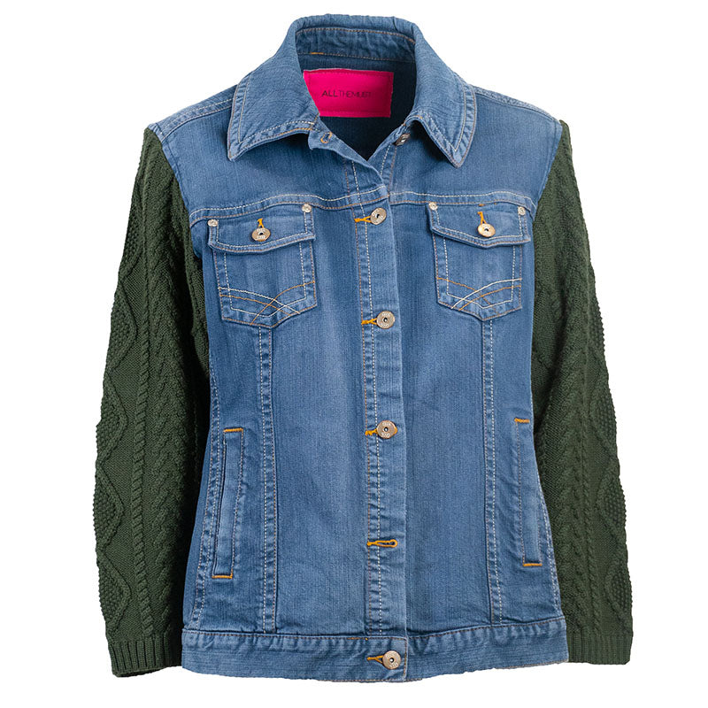 Veste en Jean Manche et Dos Pull Torsadé en laine Kaki Upcycling