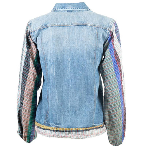 Veste en Jean avec Manches à Rayures Ethniques Multicolores Upcycling