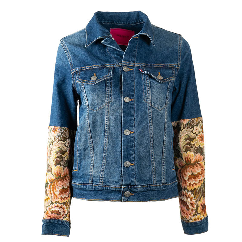 Veste en Jean Foncé Levis Mi manche en Tissu Floral Upcycling