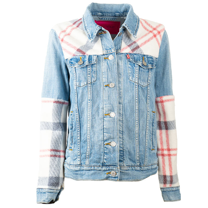 Veste Jean Bleu Levis avec Parmenture et mi  manche Rouge Upcycling