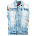 Veste sans Manche en Jean Bleu Délavé Empiècement Militaire Upcycling