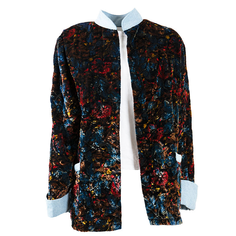 Veste Kimono Ouverte en Velours coloré avec Jean Upcycling