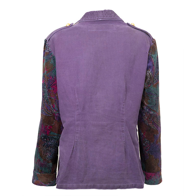 Veste en Jean Violet avec Parmenture en Simili cuir Beige avec Manches en Velours Upcycling