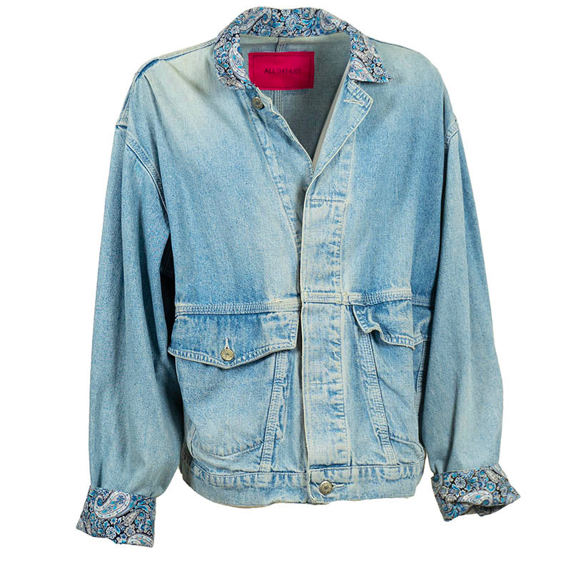 Veste en Jean Loose Bleu Délavé avec empiècements en Jacquard bleu Upcycling