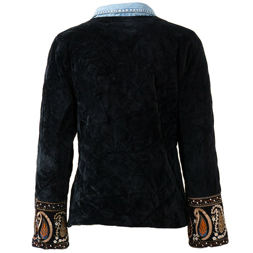 Veste Courte en Velours noir et Col en jean avec Poignet Jacquard Upcycling