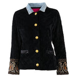 Veste Courte en Velours noir et Col en jean avec Poignet Jacquard Upcycling