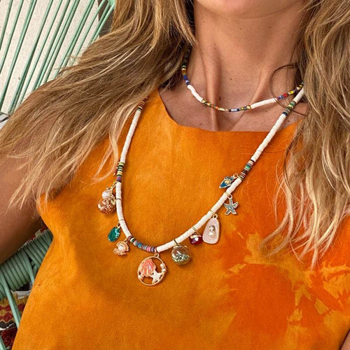 White Heishi Multi Charms Necklace