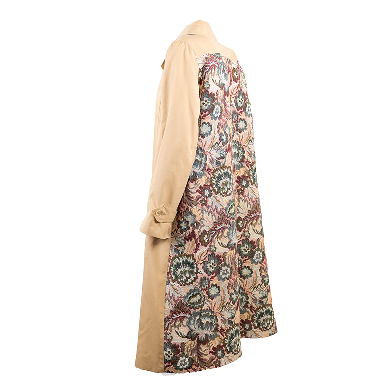 Trench Long Beige avec Dos en Tissus Floral Brodé Upcyclé