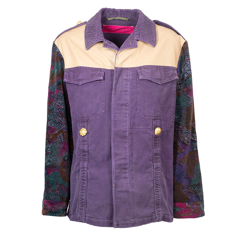 Veste en Jean Violet avec Parmenture en Simili cuir Beige avec Manches en Velours Upcycling