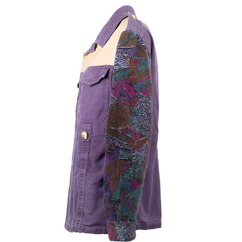 Veste en Jean Violet avec Parmenture en Simili cuir Beige avec Manches en Velours Upcycling